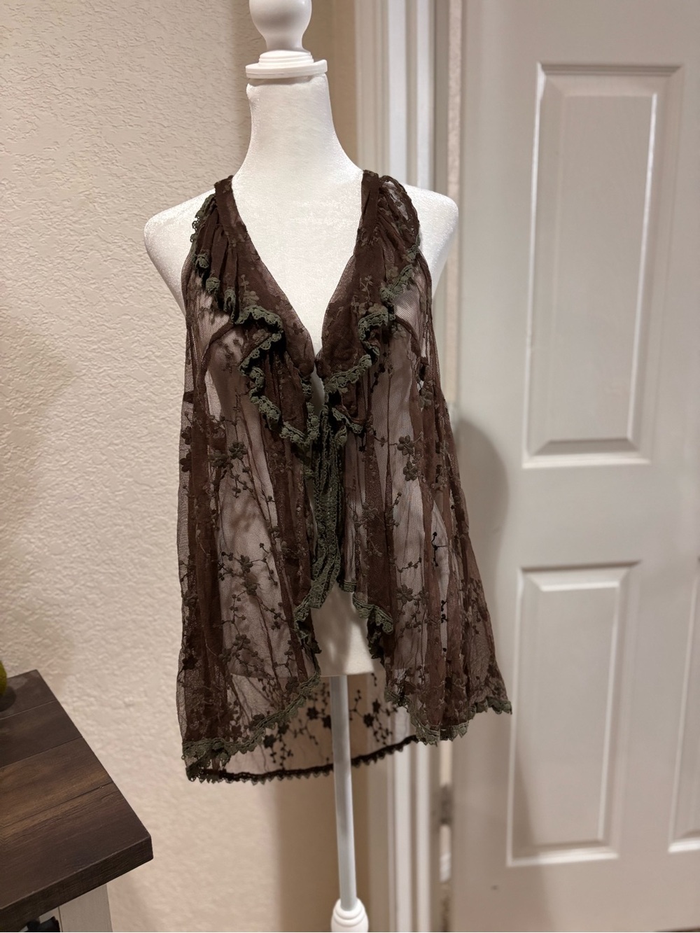 Sheer Brown Lace Halter Tunic with Olive Trim. Tie in front needs sewing easyfix